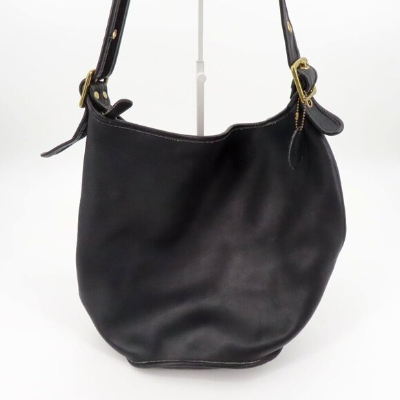 VTG First Class Black Genuine Leather Buckle Strap Bucket Bag Shoulder Handbag - Picture 3 of 13